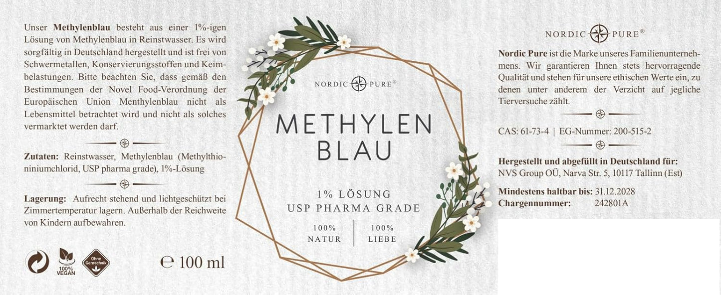 Methylenblau 100ml hochdosierte Tropfen von Nordic Pure | Lösung mit 99,9% Reinheit | Hochdosiert Methylene Blue | Methylene Blau 1% Lösung | Laborgeprüft & in Deutschland hergestellt
