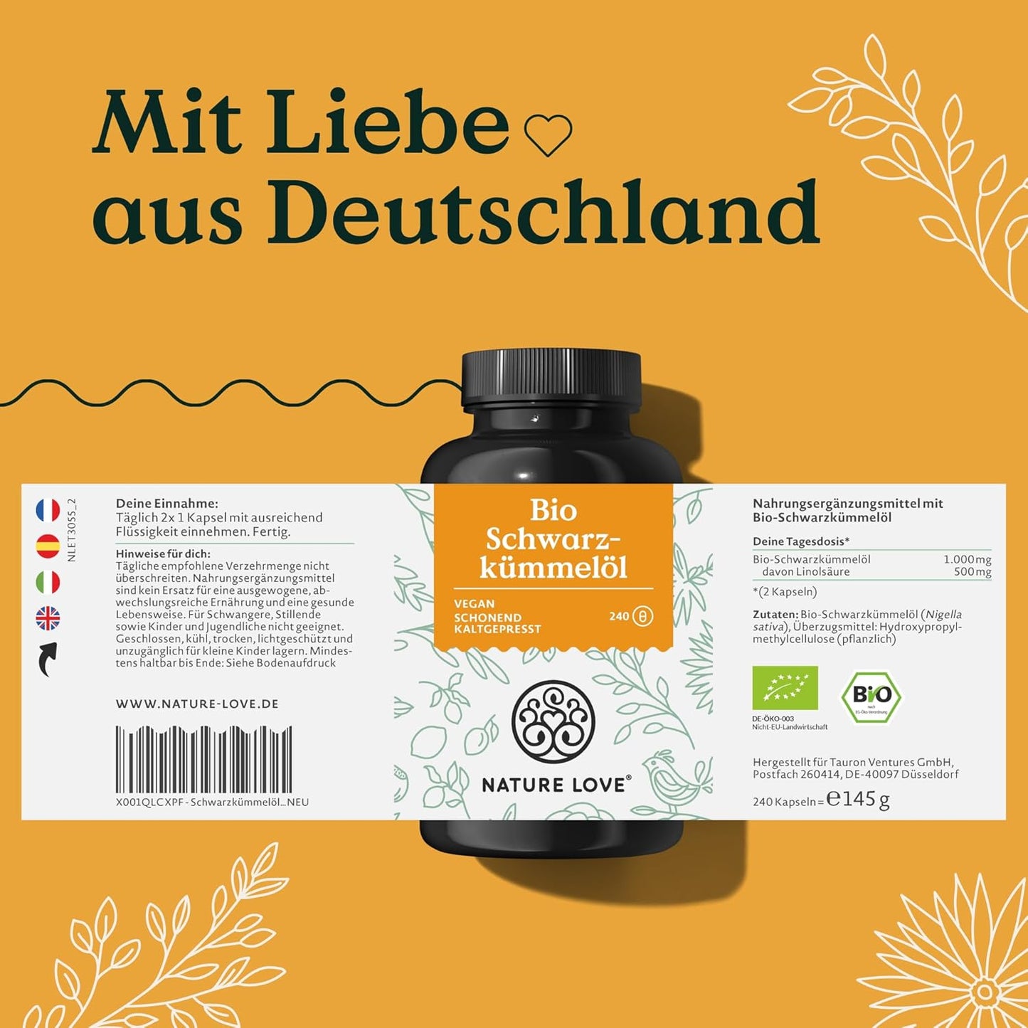 NATURE LOVE® Bio Schwarzkümmelöl - 240 allergenfreie, vegane Kapseln - hochdosiert: 1000mg pro Tagesdosis - davon 50% Linolsäure - kaltgepresst, aus Ägypten