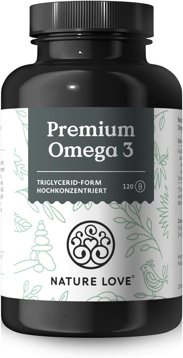 Nature Love Premium Omega 3 NEU - 120 Kapseln - 1000mg Fischöl pro Kapsel mit 80% Omega 3 Anteil (EPA & DHA) - Hochdosiert und hoch bioverfübar durch Triglycerid-Form - aus nachhaltigem Fischfang