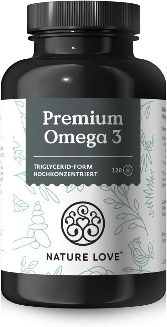 Nature Love Premium Omega 3 NEU - 120 Kapseln - 1000mg Fischöl pro Kapsel mit 80% Omega 3 Anteil (EPA & DHA) - Hochdosiert und hoch bioverfübar durch Triglycerid-Form - aus nachhaltigem Fischfang