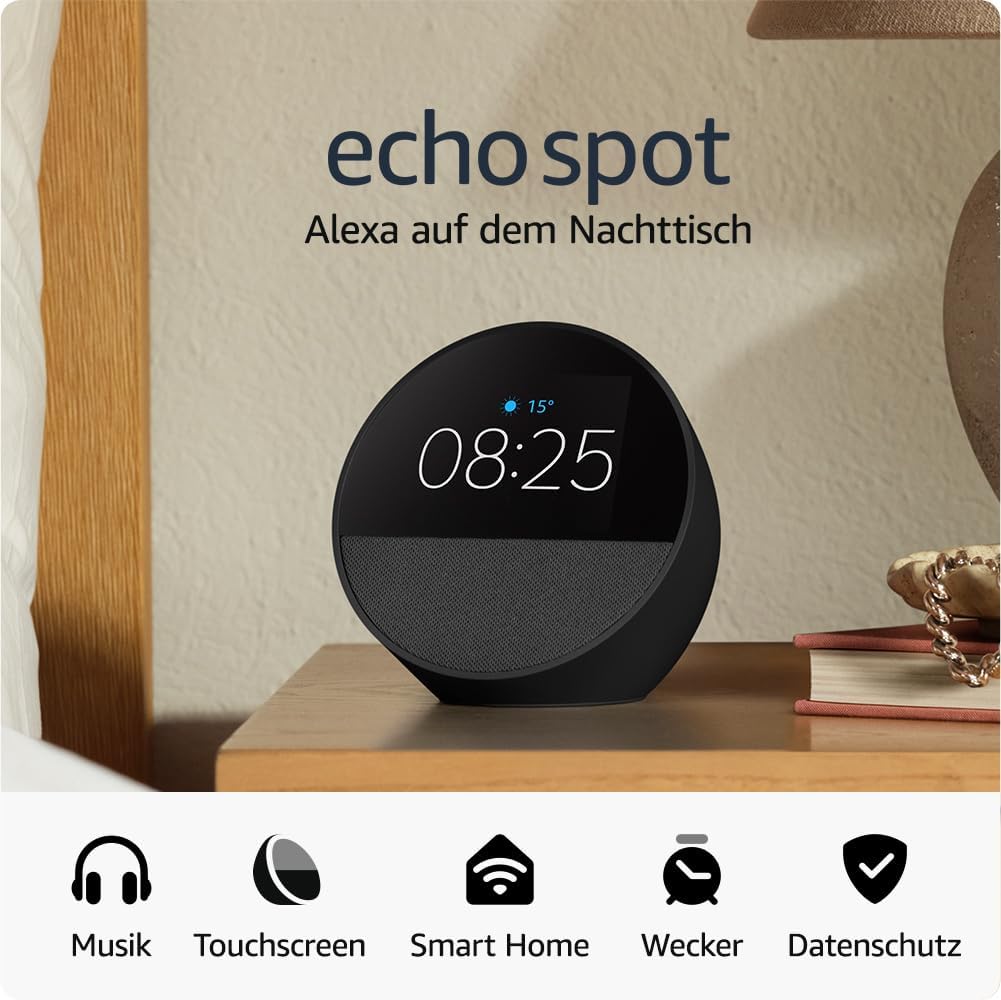 Amazon Echo Spot (2024), smarter Wecker mit sattem Klang und Alexa, Schwarz
