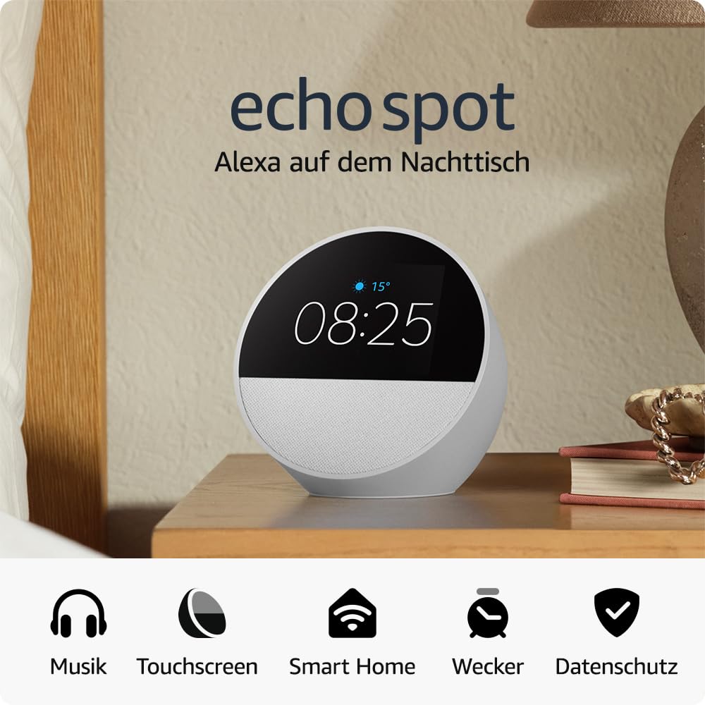 Amazon Echo Spot (2024), smarter Wecker mit sattem Klang und Alexa, Schwarz