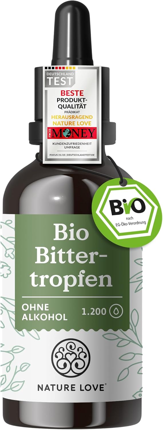 NATURE LOVE® Bio Bittertropfen ohne Alkohol nach Hildegard von Bingen (50ml) - hochdosierte Bitterstoffe Tropfen als 5:1 Extrakt aus erlesenen Kräutern und Pflanzen - vegan, laborgeprüft
