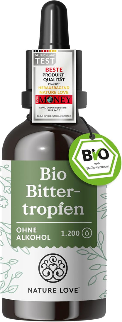 NATURE LOVE® Bio Bittertropfen ohne Alkohol nach Hildegard von Bingen (50ml) - hochdosierte Bitterstoffe Tropfen als 5:1 Extrakt aus erlesenen Kräutern und Pflanzen - vegan, laborgeprüft