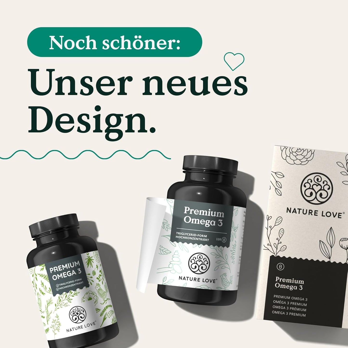 Nature Love Premium Omega 3 NEU - 120 Kapseln - 1000mg Fischöl pro Kapsel mit 80% Omega 3 Anteil (EPA & DHA) - Hochdosiert und hoch bioverfübar durch Triglycerid-Form - aus nachhaltigem Fischfang