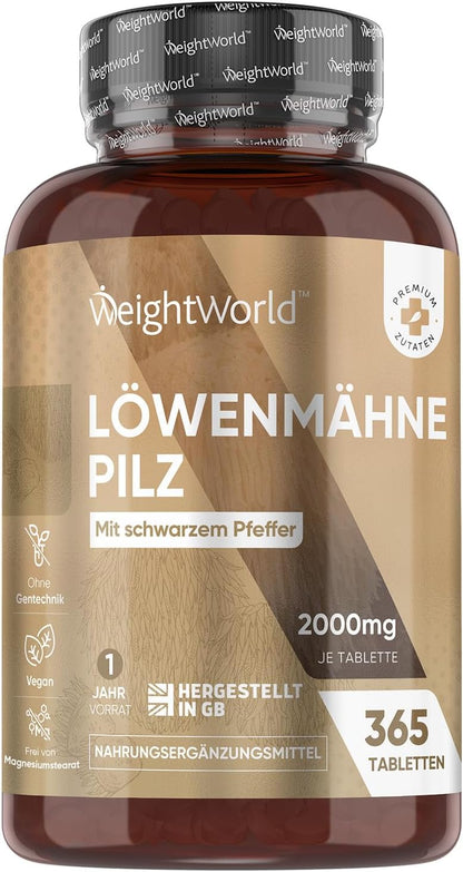 Löwenmähne Pilz 365 Tabletten - 2000mg je Tablette - Lions Mane Mushroom (Hericium Erinaceus) - 25:1 Extrakt mit Schwarzer Pfeffer 30mg - 1 Jahr Vorrat - WeightWorld