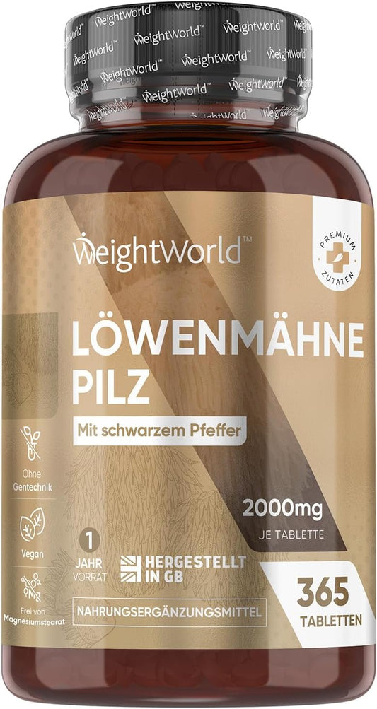 Löwenmähne Pilz 365 Tabletten - 2000mg je Tablette - Lions Mane Mushroom (Hericium Erinaceus) - 25:1 Extrakt mit Schwarzer Pfeffer 30mg - 1 Jahr Vorrat - WeightWorld