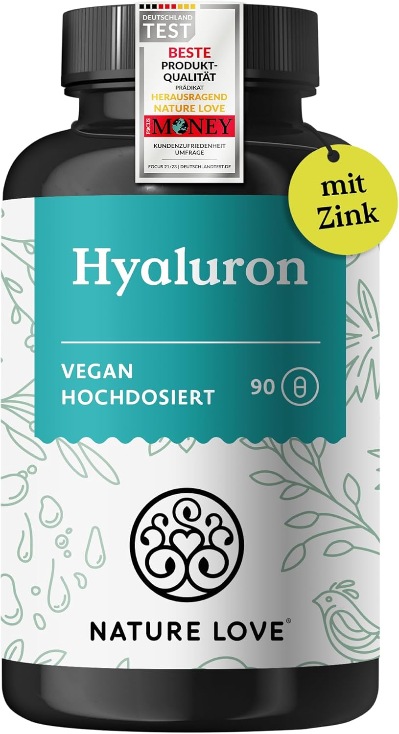 NATURE LOVE® Hyaluron Kapseln mit Zink - Hochdosiert mit 500mg - für Haut, Haare & Nägel - 90 Hyaluronsäure Kapseln - Vegan, Laborgeprüft, ohne unerwünschte Zusätze & in Deutschland produziert