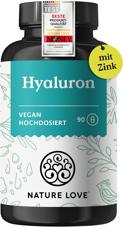 NATURE LOVE® Hyaluron Kapseln mit Zink - Hochdosiert mit 500mg - für Haut, Haare & Nägel - 90 Hyaluronsäure Kapseln - Vegan, Laborgeprüft, ohne unerwünschte Zusätze & in Deutschland produziert