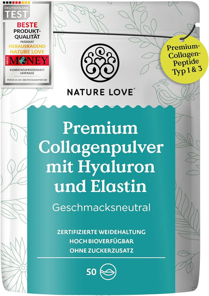 NATURE LOVE® Premium Collagen Pulver mit Hyaluronsäure und Elastin - 500g Kollagen - Peptide Type 1 und 3 - geschmacksneutral - Kollagen von Rindern aus Weidehaltung - laborgeprüft