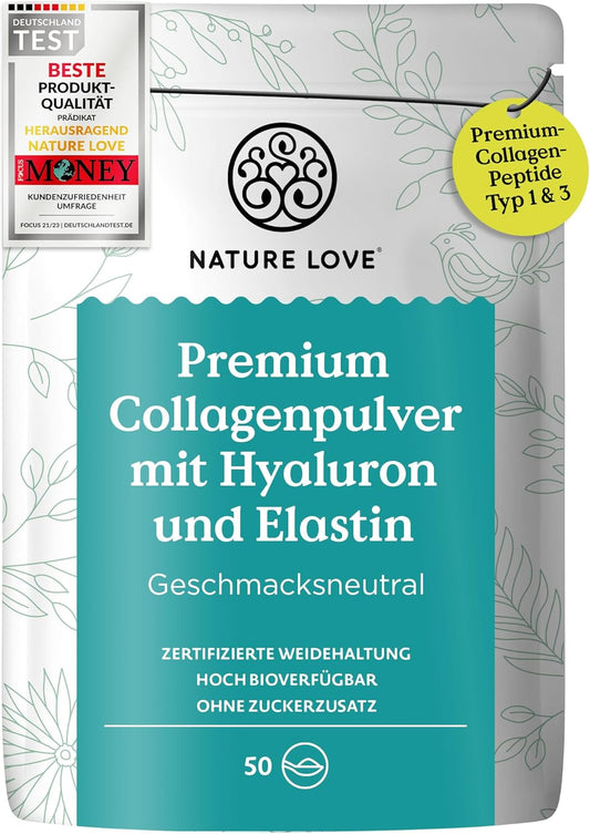 NATURE LOVE® Premium Collagen Pulver mit Hyaluronsäure und Elastin - 500g Kollagen - Peptide Type 1 und 3 - geschmacksneutral - Kollagen von Rindern aus Weidehaltung - laborgeprüft