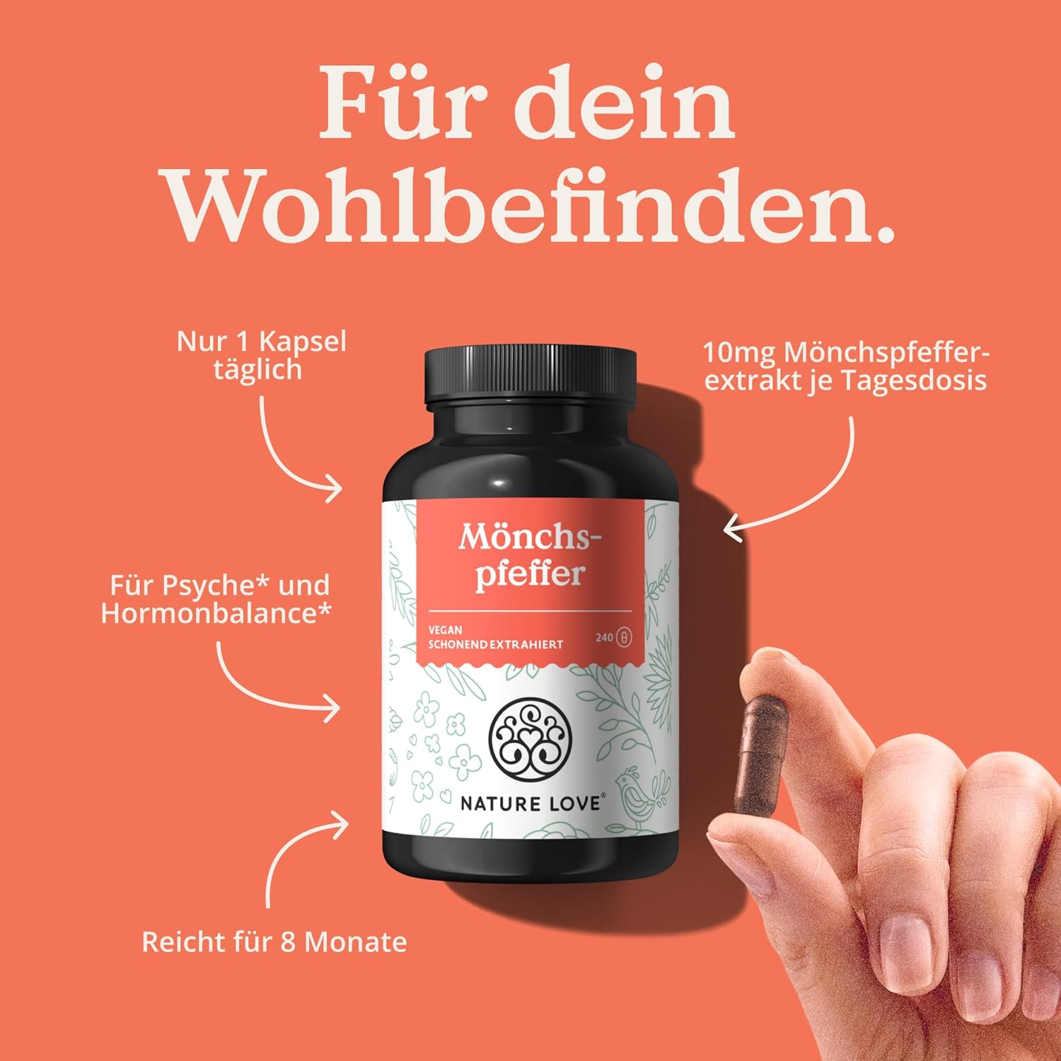 NATURE LOVE® Mönchspfeffer Kapseln - 240 Stück - 4:1 Extrakt aus Original Vitex Agnus Castus - Hochdosiert mit 10mg je Kapsel, Ohne unnötige Zusätze, vegan, laborgeprüft, in Deutschland produziert