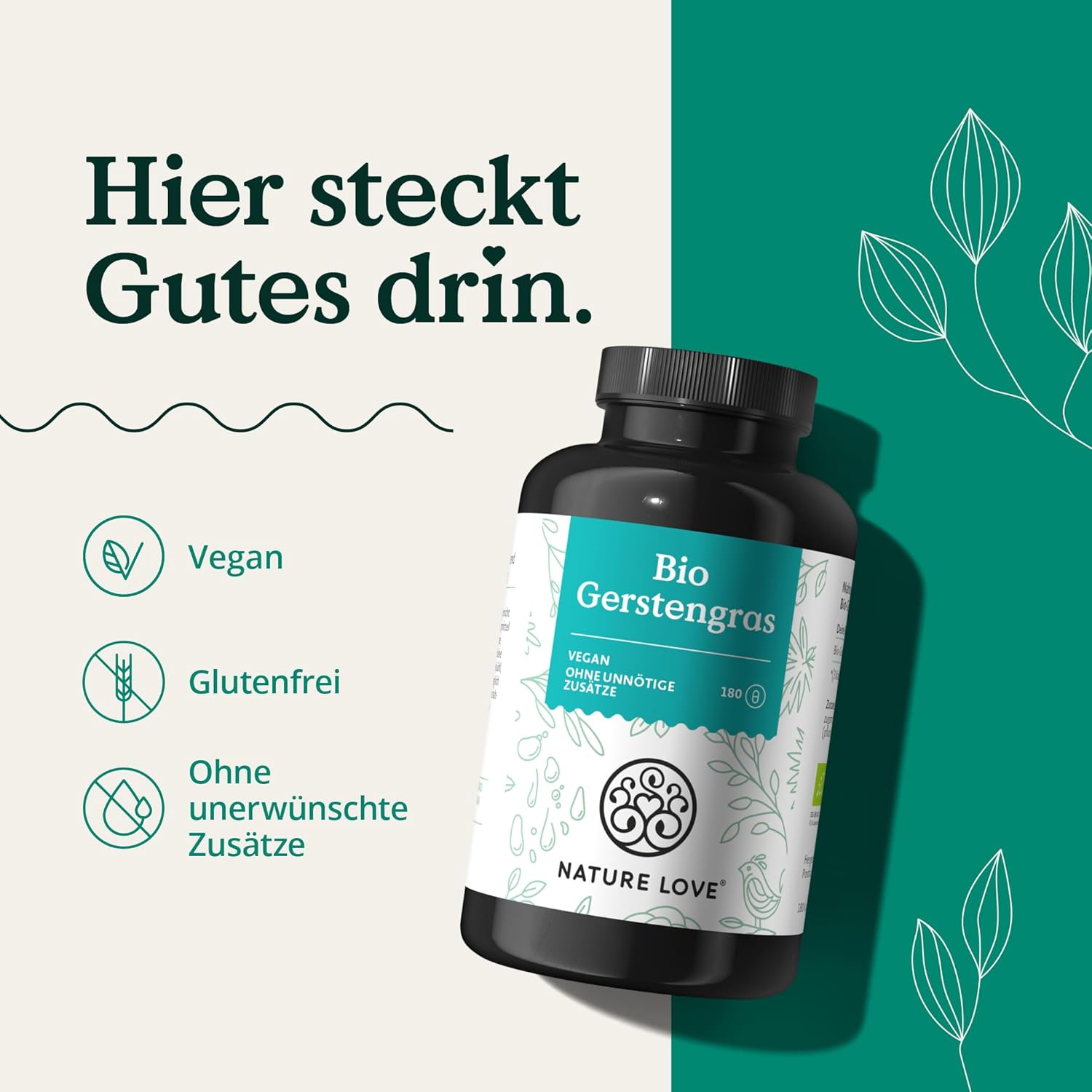 NATURE LOVE® Bio Gerstengras - 1500 mg je Tagesdosis - aus deutschem Anbau - 180 Kapseln - Hochdosiert, laborgeprüft, zertifiziert Bio, in Deutschland produziert