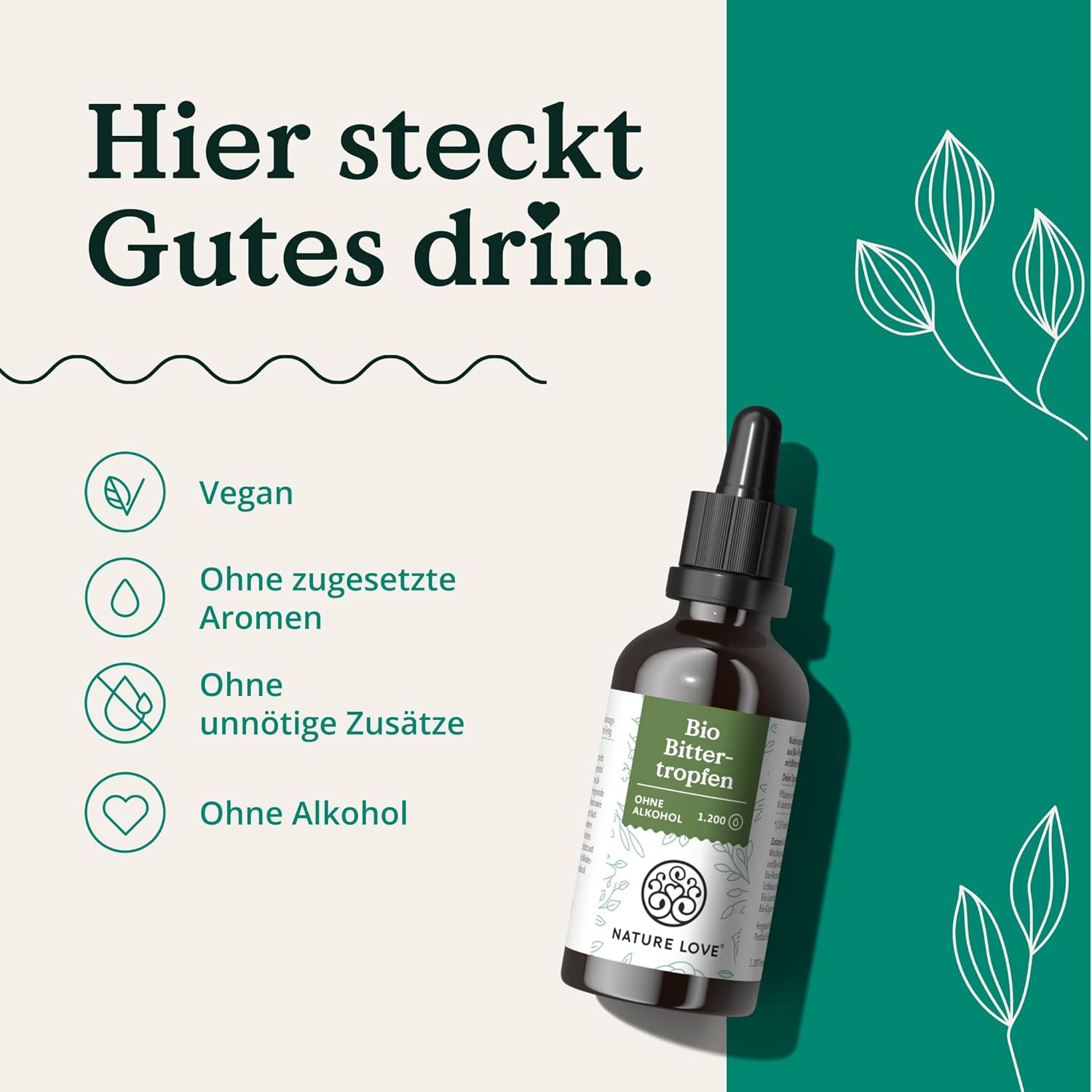 NATURE LOVE® Bio Bittertropfen ohne Alkohol nach Hildegard von Bingen (50ml) - hochdosierte Bitterstoffe Tropfen als 5:1 Extrakt aus erlesenen Kräutern und Pflanzen - vegan, laborgeprüft