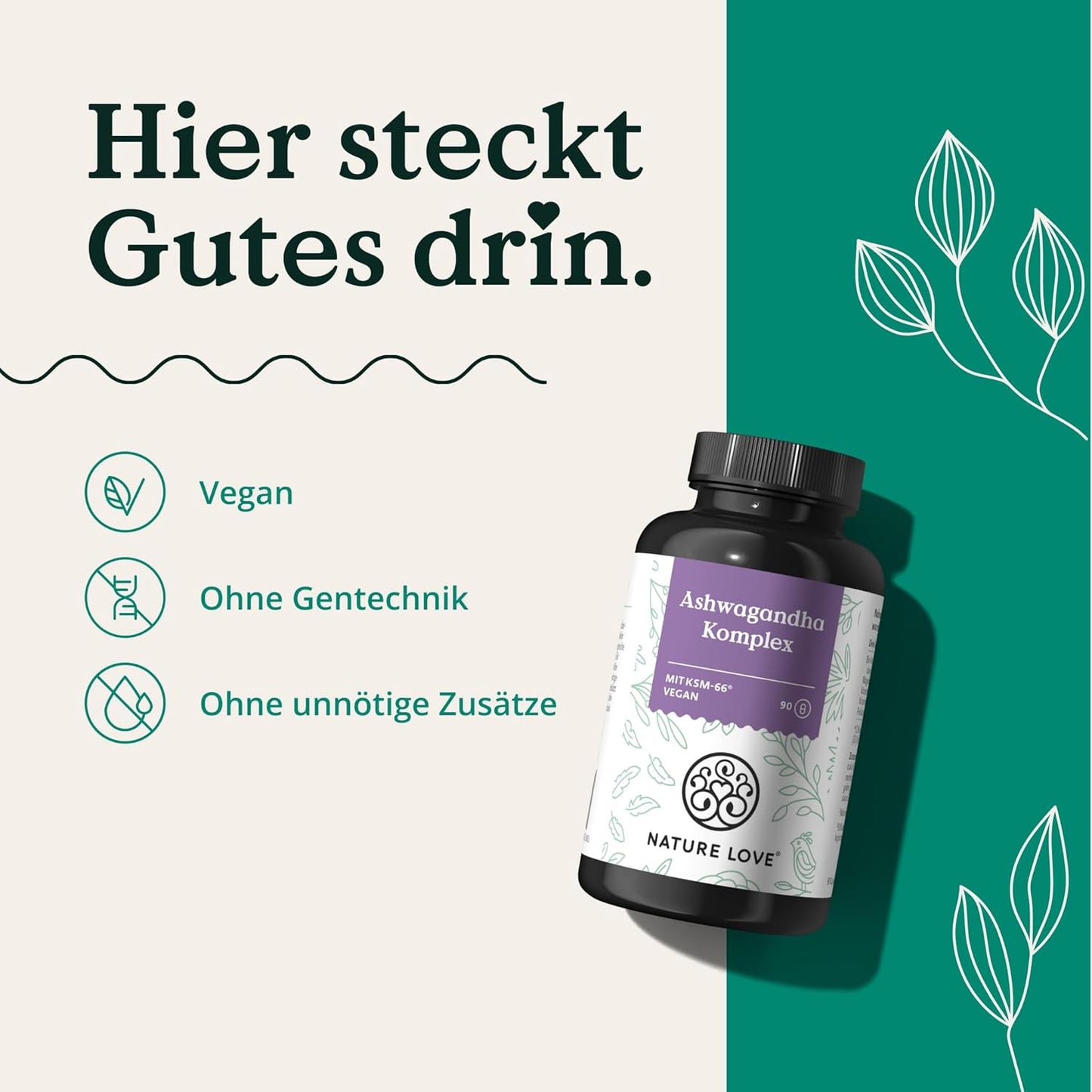 NATURE LOVE® Ashwagandha Komplex – 600mg Ashwagandha pro Tagesdosis – 90 Kapseln – mit KSM-66, Magnesium, Folsäure und Vitamin C und B6 – hochdosiert & vegan – in Deutschland produziert