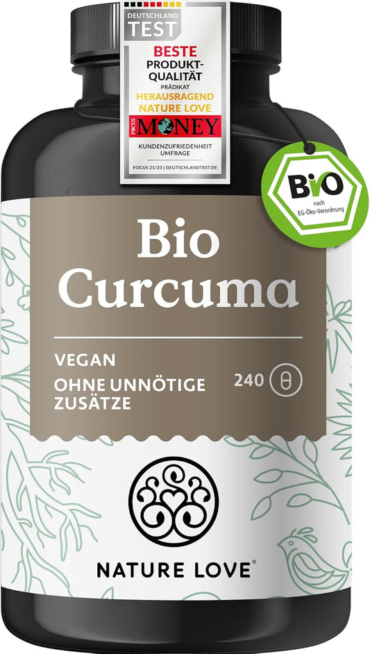 NATURE LOVE Bio Curcuma - 240 Kapseln - mit Curcumin aus Kurkuma und Piperin aus schwarzem Pfeffer - hochdosiert, vegan, laborgeprüft und in Deutschland hergestellt