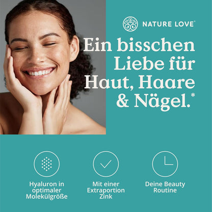 NATURE LOVE® Hyaluron Kapseln mit Zink - Hochdosiert mit 500mg - für Haut, Haare & Nägel - 90 Hyaluronsäure Kapseln - Vegan, Laborgeprüft, ohne unerwünschte Zusätze & in Deutschland produziert