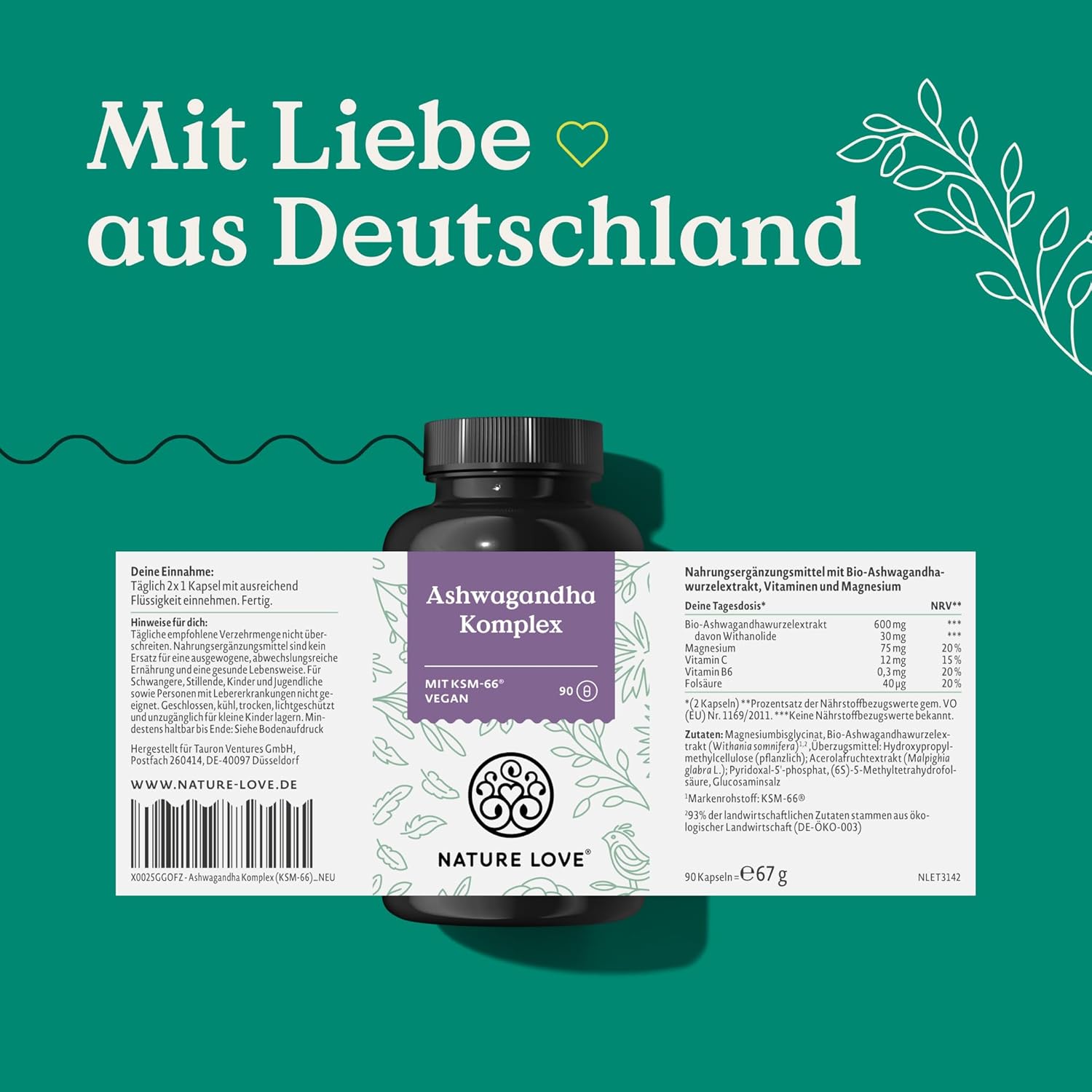 NATURE LOVE® Ashwagandha Komplex – 600mg Ashwagandha pro Tagesdosis – 90 Kapseln – mit KSM-66, Magnesium, Folsäure und Vitamin C und B6 – hochdosiert & vegan – in Deutschland produziert