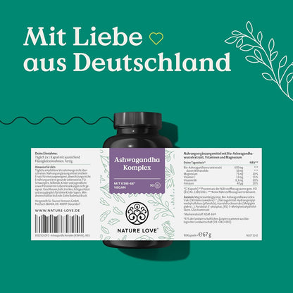 NATURE LOVE® Ashwagandha Komplex – 600mg Ashwagandha pro Tagesdosis – 90 Kapseln – mit KSM-66, Magnesium, Folsäure und Vitamin C und B6 – hochdosiert & vegan – in Deutschland produziert