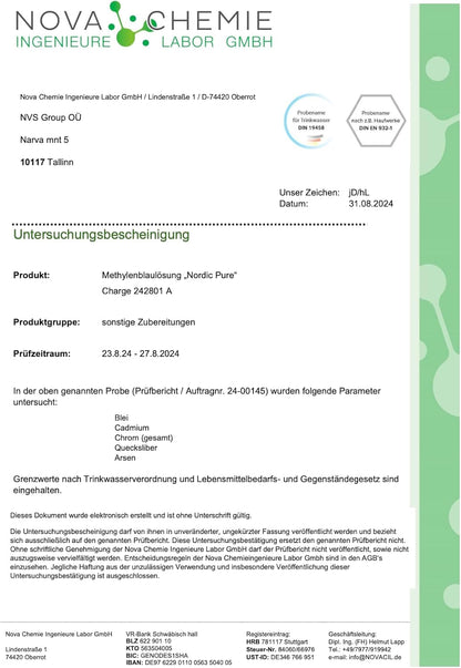 Methylenblau 100ml hochdosierte Tropfen von Nordic Pure | Lösung mit 99,9% Reinheit | Hochdosiert Methylene Blue | Methylene Blau 1% Lösung | Laborgeprüft & in Deutschland hergestellt