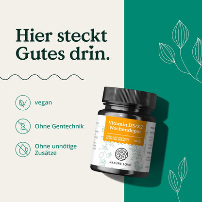 Vitamin D3 K2 Wochendepot - 180 vegane Tabletten - 7000IE D3 + 140µg K2 pro Tablette mit >99,7% all-trans - Hochdosiert & vegan - Laborgeprüft, in Deutschland produziert