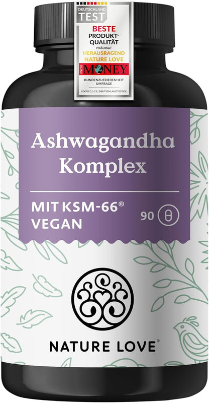 NATURE LOVE® Ashwagandha Komplex – 600mg Ashwagandha pro Tagesdosis – 90 Kapseln – mit KSM-66, Magnesium, Folsäure und Vitamin C und B6 – hochdosiert & vegan – in Deutschland produziert