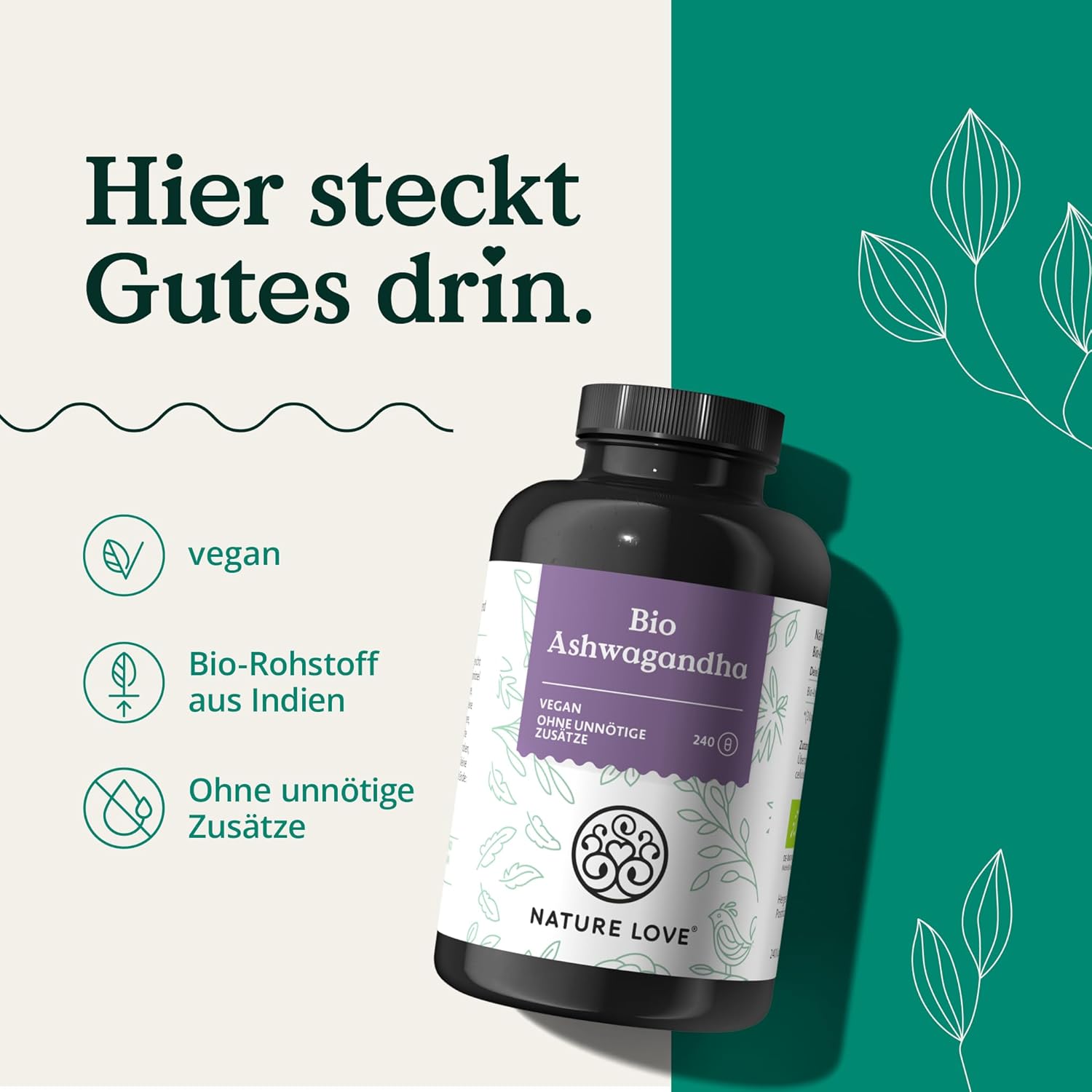 NATURE LOVE® Bio Ashwagandha - 240 Kapseln - Hochdosiert mit 1950mg je Tagesdosis - Hochwertiges indisches Ashwagandha - Laborgeprüft, vegan, in Deutschland produziert