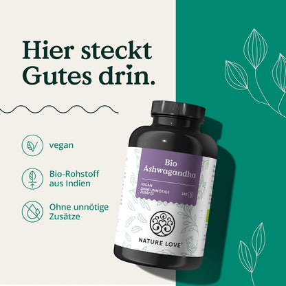 NATURE LOVE® Bio Ashwagandha - 240 Kapseln - Hochdosiert mit 1950mg je Tagesdosis - Hochwertiges indisches Ashwagandha - Laborgeprüft, vegan, in Deutschland produziert