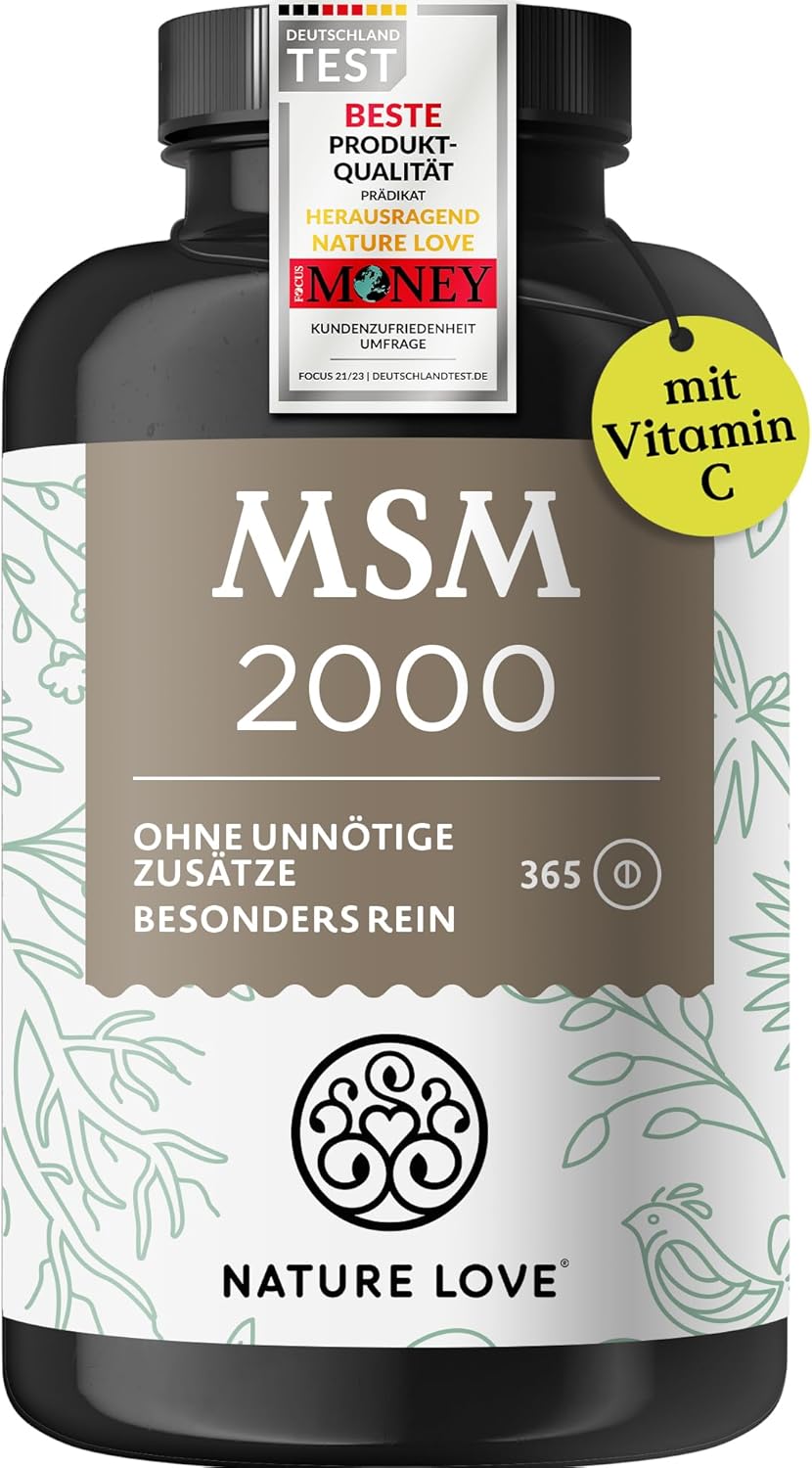 NATURE LOVE® MSM 2000mg mit Vitamin C - 365 laborgeprüfte Tabletten - Kompakteres MSM Pulver als bei Kapseln - Ohne Zusätze, hochdosiert, vegan, in Deutschland produziert