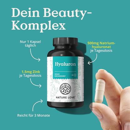 NATURE LOVE® Hyaluron Kapseln mit Zink - Hochdosiert mit 500mg - für Haut, Haare & Nägel - 90 Hyaluronsäure Kapseln - Vegan, Laborgeprüft, ohne unerwünschte Zusätze & in Deutschland produziert