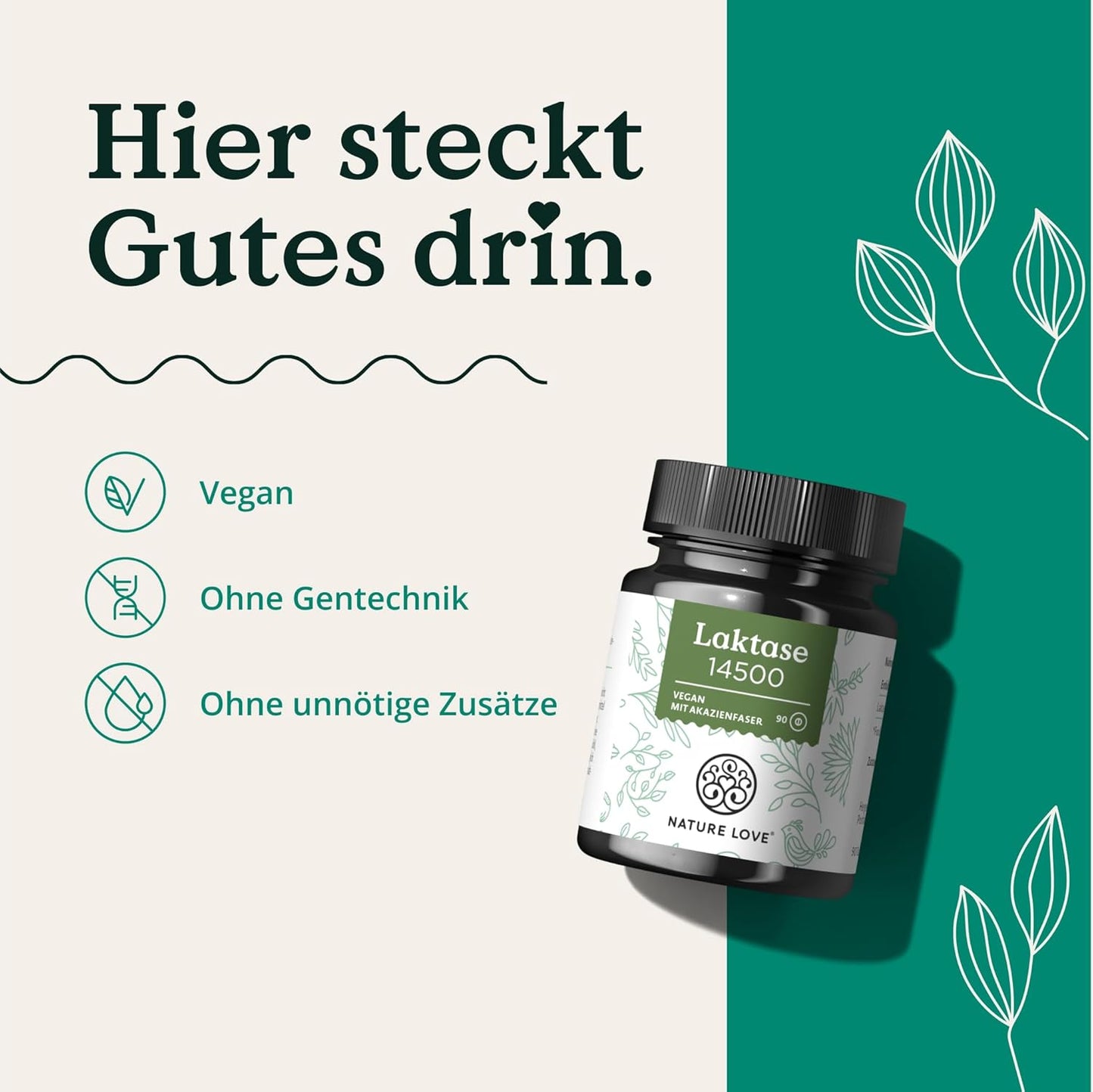NATURE LOVE® Laktasetabletten – 90 Tabletten – Hochdosiert mit 14500 FCC – mit Akazienfaser ohne synthetische Zusätze, vegan – laborgeprüfte Lactase Tabletten, in Deutschland produziert