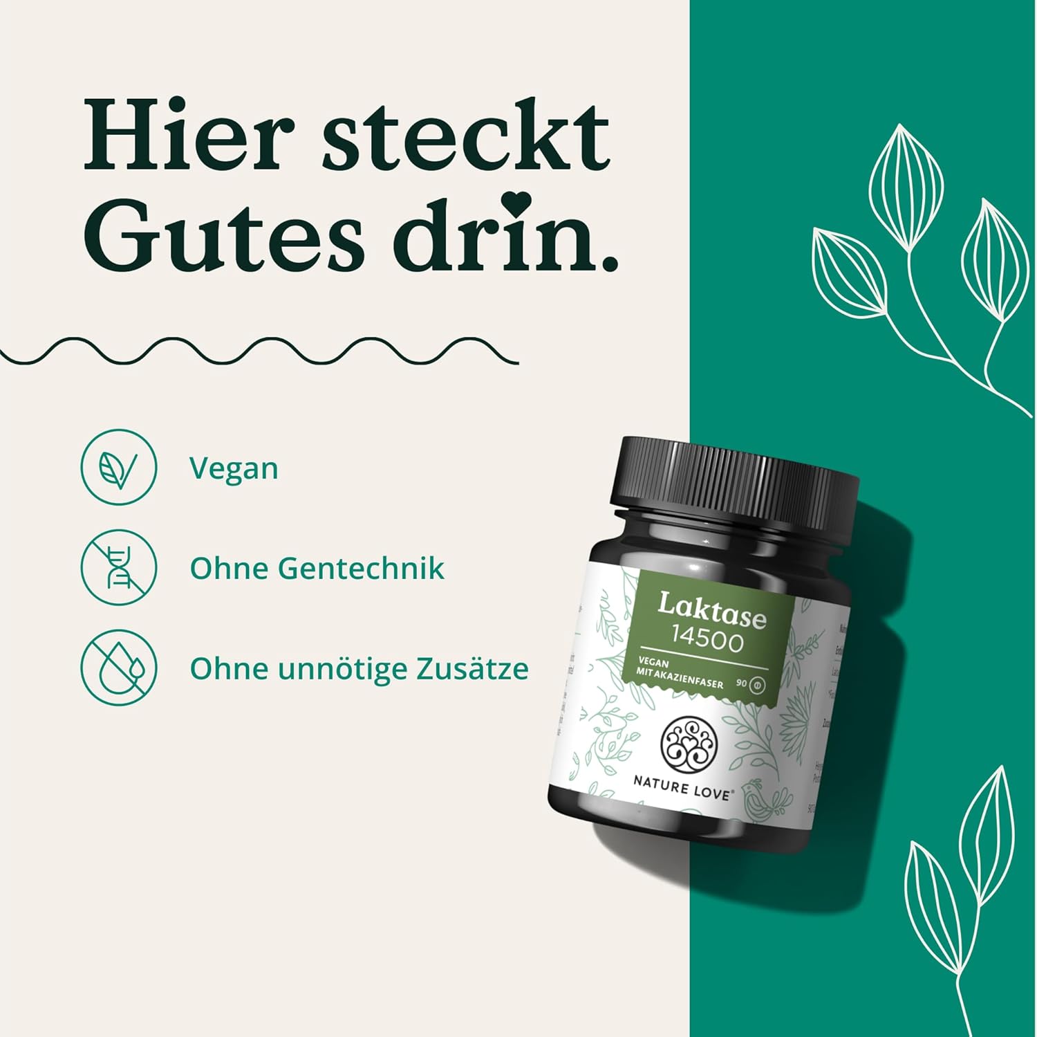 NATURE LOVE® Laktasetabletten – 90 Tabletten – Hochdosiert mit 14500 FCC – mit Akazienfaser ohne synthetische Zusätze, vegan – laborgeprüfte Lactase Tabletten, in Deutschland produziert