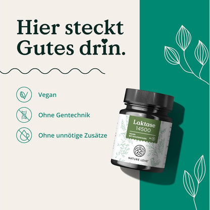 NATURE LOVE® Laktasetabletten – 90 Tabletten – Hochdosiert mit 14500 FCC – mit Akazienfaser ohne synthetische Zusätze, vegan – laborgeprüfte Lactase Tabletten, in Deutschland produziert
