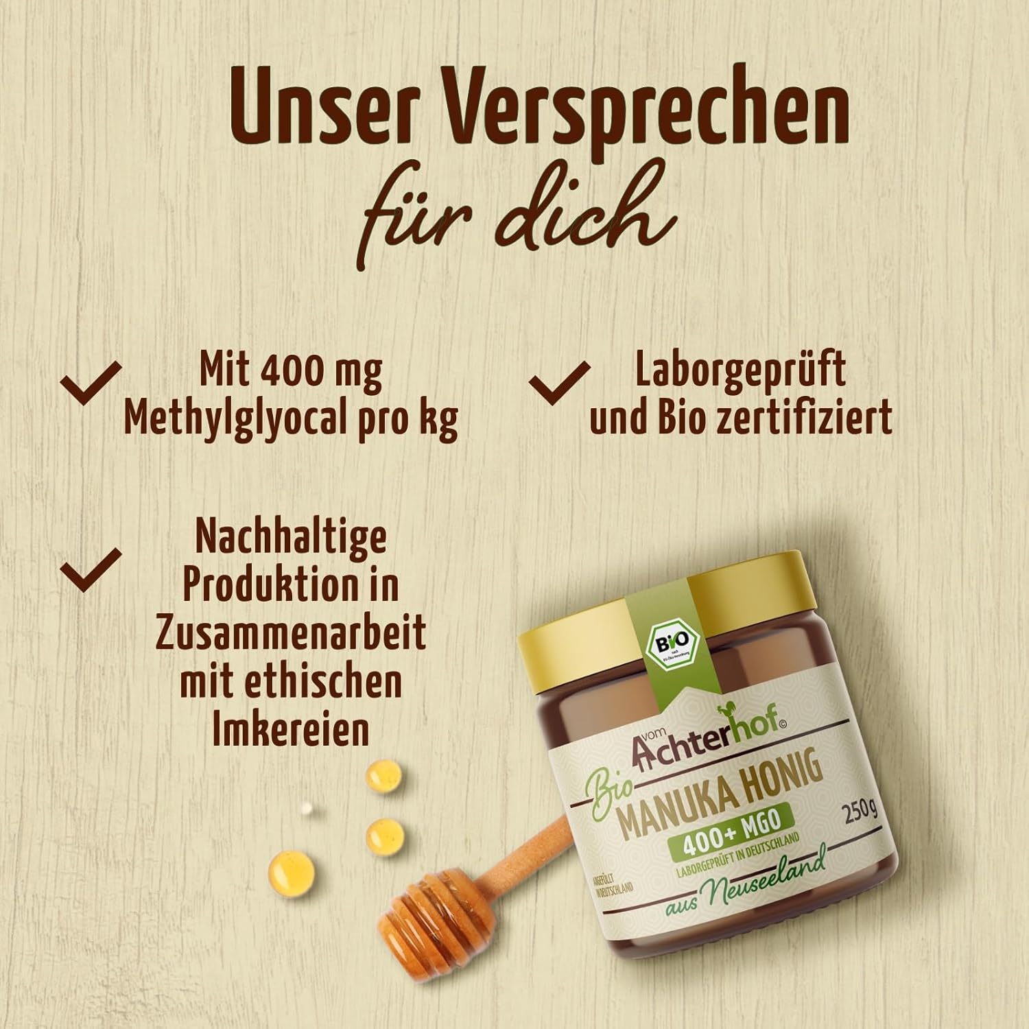 Bio Manuka Honig | 250g | 100% BIO | mit 400+ MGO | in Deutschland laborgeprüfter Methylglyoxal Wert | reines Naturprodukt aus Neuseeland | aus ethischer Imkerei | vom Achterhof