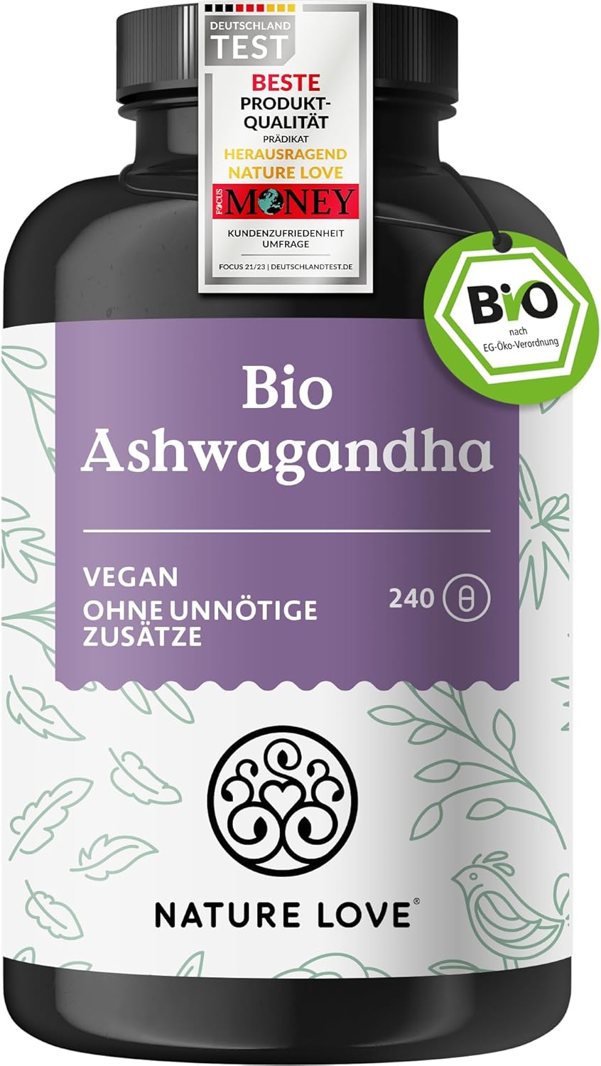 NATURE LOVE® Bio Ashwagandha - 240 Kapseln - Hochdosiert mit 1950mg je Tagesdosis - Hochwertiges indisches Ashwagandha - Laborgeprüft, vegan, in Deutschland produziert