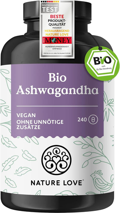 NATURE LOVE® Bio Ashwagandha - 240 Kapseln - Hochdosiert mit 1950mg je Tagesdosis - Hochwertiges indisches Ashwagandha - Laborgeprüft, vegan, in Deutschland produziert