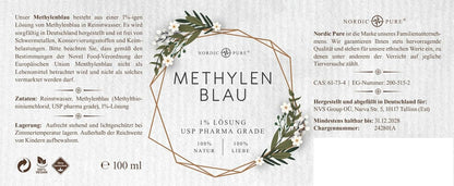 Methylenblau 100ml hochdosierte Tropfen von Nordic Pure | Lösung mit 99,9% Reinheit | Hochdosiert Methylene Blue | Methylene Blau 1% Lösung | Laborgeprüft & in Deutschland hergestellt