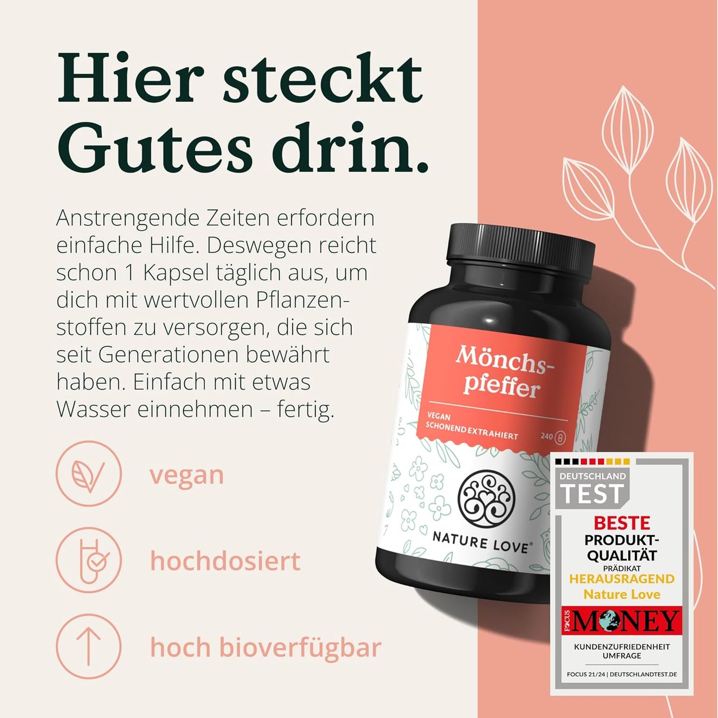 NATURE LOVE® Mönchspfeffer Kapseln - 240 Stück - 4:1 Extrakt aus Original Vitex Agnus Castus - Hochdosiert mit 10mg je Kapsel, Ohne unnötige Zusätze, vegan, laborgeprüft, in Deutschland produziert