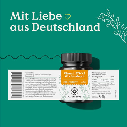 Vitamin D3 K2 Wochendepot - 180 vegane Tabletten - 7000IE D3 + 140µg K2 pro Tablette mit >99,7% all-trans - Hochdosiert & vegan - Laborgeprüft, in Deutschland produziert