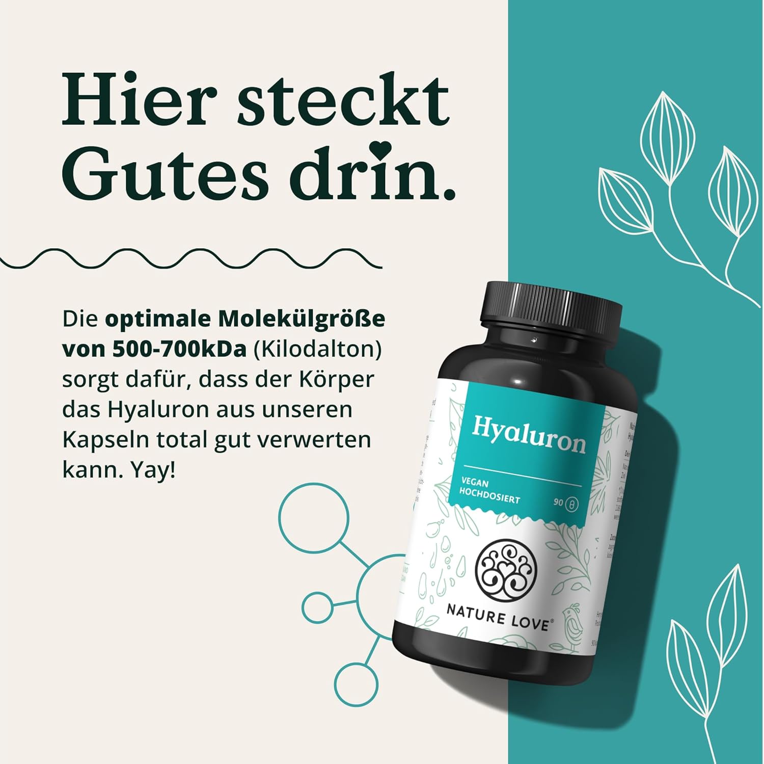 NATURE LOVE® Hyaluron Kapseln mit Zink - Hochdosiert mit 500mg - für Haut, Haare & Nägel - 90 Hyaluronsäure Kapseln - Vegan, Laborgeprüft, ohne unerwünschte Zusätze & in Deutschland produziert