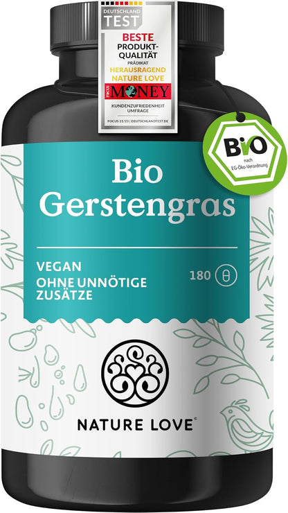 NATURE LOVE® Bio Gerstengras - 1500 mg je Tagesdosis - aus deutschem Anbau - 180 Kapseln - Hochdosiert, laborgeprüft, zertifiziert Bio, in Deutschland produziert