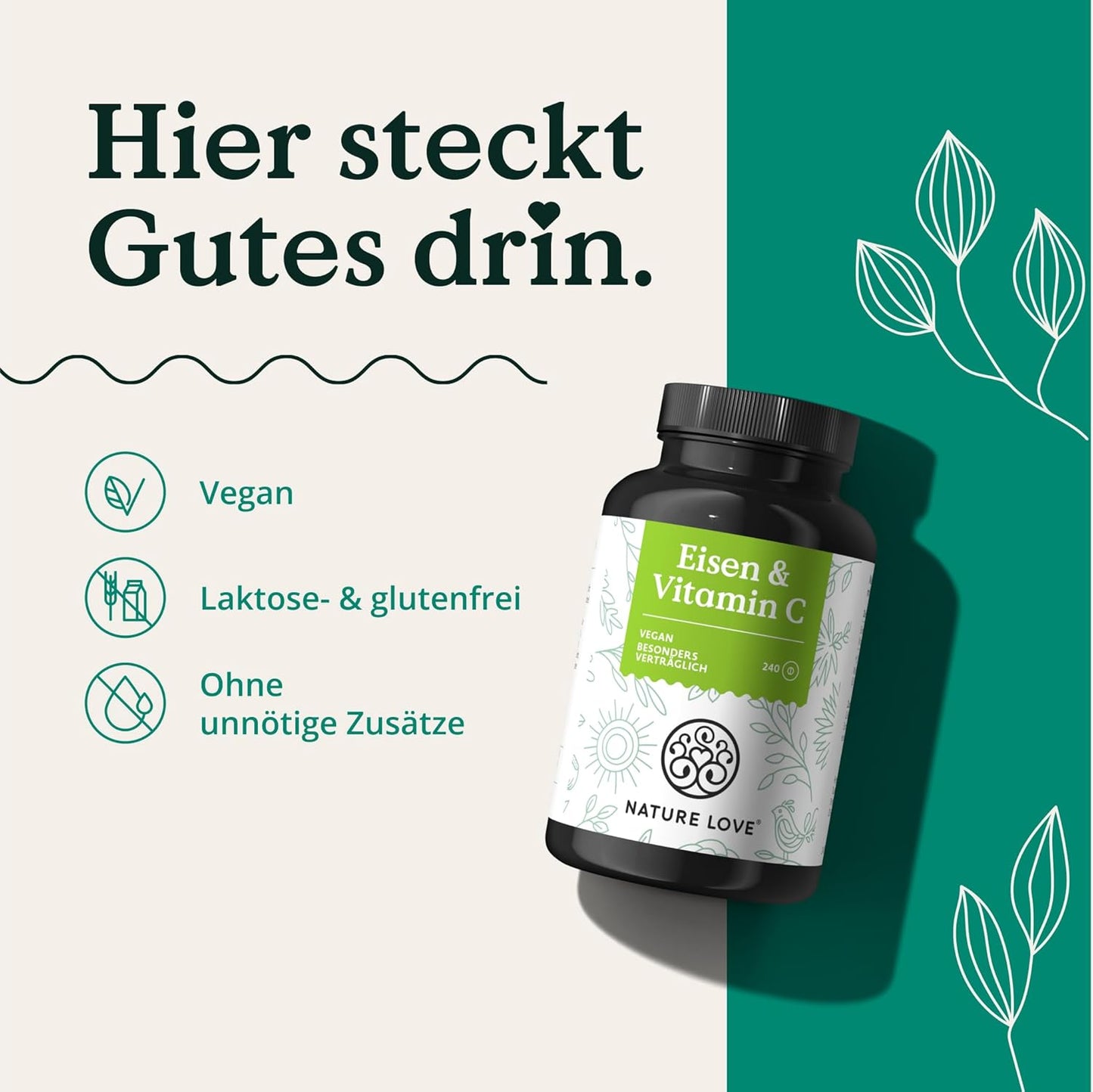 NATURE LOVE® Eisentabletten mit Vitamin C - 240 Stück - 20mg Eisen und 40mg Vitamin C pro Tablette - Hoch bioverfügbares Eisen-bisglycinat (Eisen-Chelat) - vegan, in Deutschland produziert