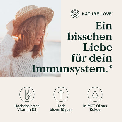 NATURE LOVE® Vitamin D3 5000 (50ml flüssig) - Laborgeprüfte 5000 I.E. pro Tropfen - in MCT-Öl aus Kokos - Vitamin D hochdosiert - hoch bioverfügbar, sehr hohe Stabilität - in Deutschland produziert