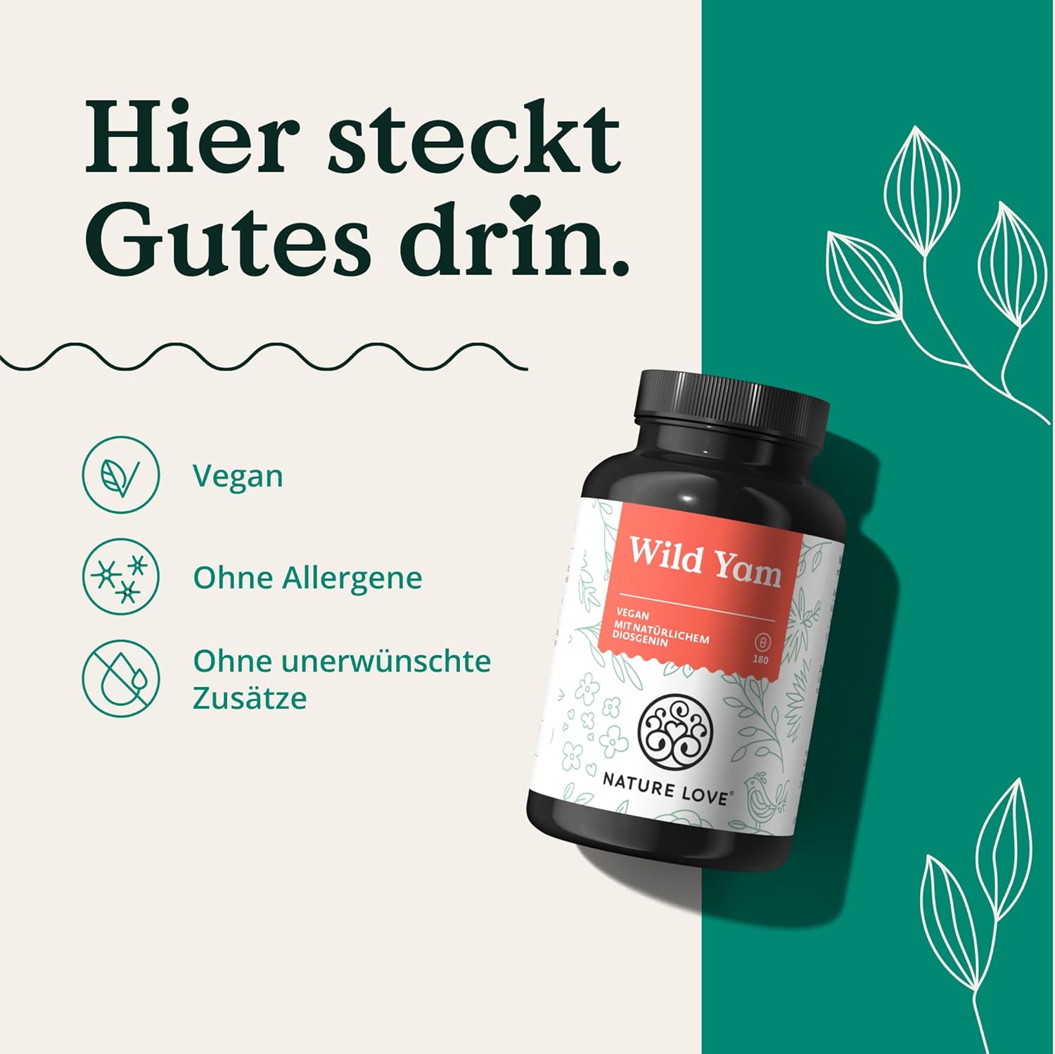 NATURE LOVE® Wild Yam Kapseln - 180 Wechseljahre Kapseln vegan - Hochdosiert mit 880mg Extrakt (davon 176mg Diosgenin) - laborgeprüft, ohne unerwünschte Zusätze und in Deutschland produziert