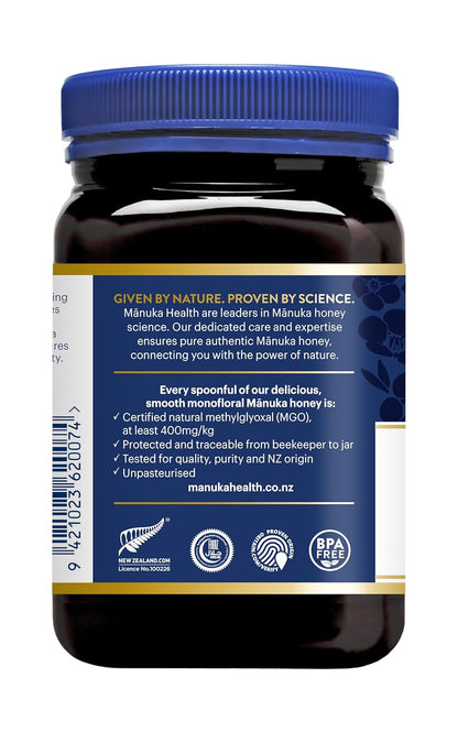 Manuka Health - Manuka Honig MGO 400+ 500g, hergestellt und abgefüllt in Neuseeland mit zertifiziertem Methylglyoxal Gehalt, natürlicher Manuka Honig von der Manukapflanze, 100% Manuka, vegetarisch