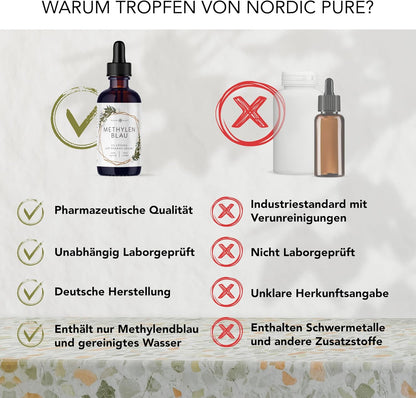 Methylenblau 100ml hochdosierte Tropfen von Nordic Pure | Lösung mit 99,9% Reinheit | Hochdosiert Methylene Blue | Methylene Blau 1% Lösung | Laborgeprüft & in Deutschland hergestellt