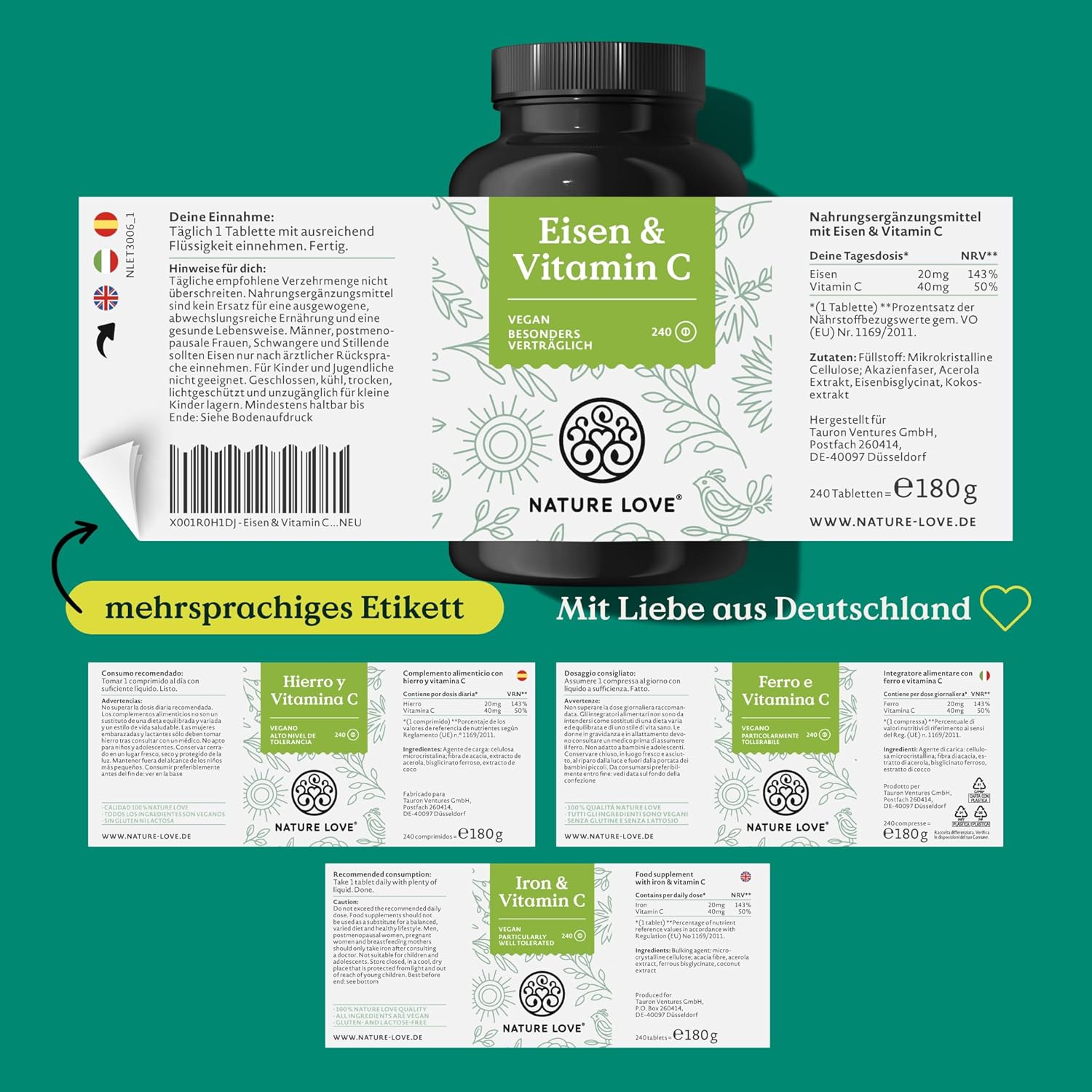 NATURE LOVE® Eisentabletten mit Vitamin C - 240 Stück - 20mg Eisen und 40mg Vitamin C pro Tablette - Hoch bioverfügbares Eisen-bisglycinat (Eisen-Chelat) - vegan, in Deutschland produziert