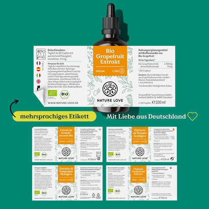 NATURE LOVE® Bio Grapefruitextrakt - 1200mg Bioflavonoide / 100ml - Laborgeprüft und Bio zertifiziert - Grapefruit Extrakt aus Kern und Schale - Hochdosiert, vegan und in Deutschland produziert