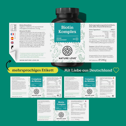 Biotin Komplex - mit Zink, Selen, Silizium & Vitamin B5 - hochdosiert mit 10.000µg Biotin - 365 Tabletten für Haare, Haut und Nägel - Haar Vitamine im Jahresvorrat - vegan & laborgeprüft