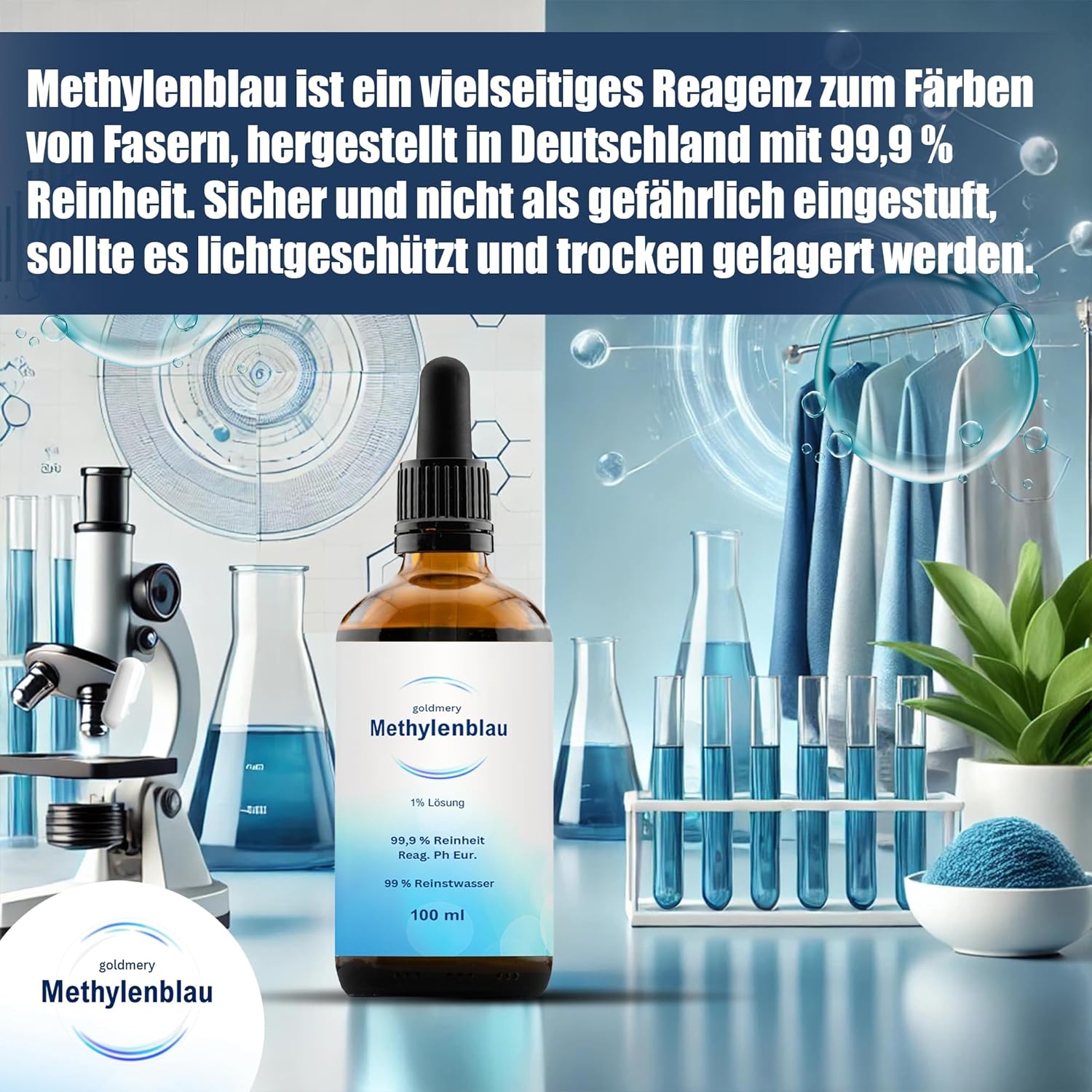 Methylenblau Tropfen 100ml Pharmaqualität mit Pipette– 99,9% Reinheit – Laborgeprüft & in Deutschland hergestellt – Methylenblau 1% Lösung –,